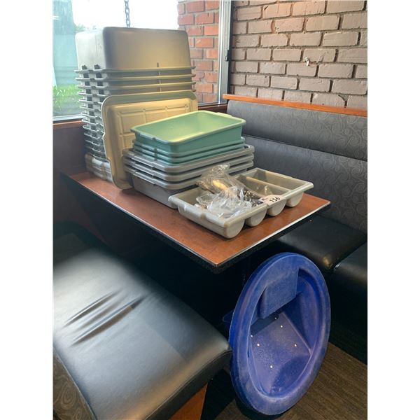 COMMERCIAL PLASTIC DISH BINS, STORAGE TUBS WITH LIDS, & PLASTIC UTENSIL BIN WITH UTENSILS