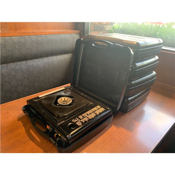5 STORM MASTER PORTABLE GAS BURNERS IN HARD PLASTIC TRANSPORT CASES