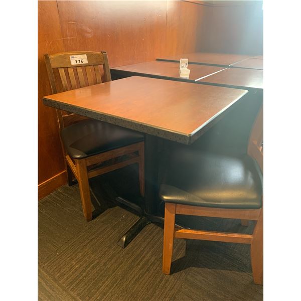 DARK WOODEN APPROX. 26"W X 28"D X 29"H METAL BASE RESTAURANT TABLE