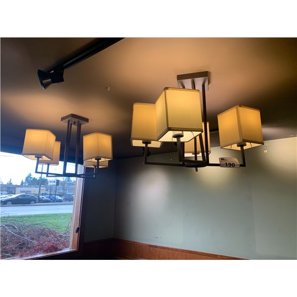 APPROX. 7 BRUSHED NICKEL / FABRIC SHADE 4 HEAD HANGING LIGHTING CHANDELIERS