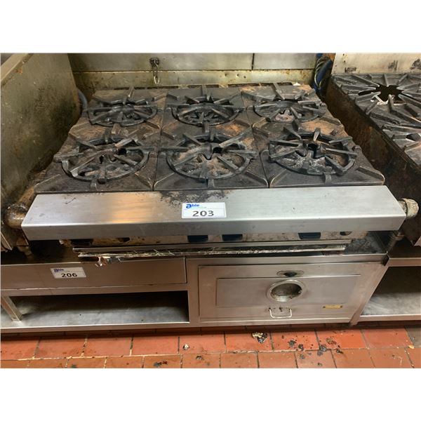 6 BURNER COMMERCIAL STAINLESS STEEL NATURAL GAS RANGE APPROX. 34"W X 3'D X 1'H *MISSING TWO KNOBS*
