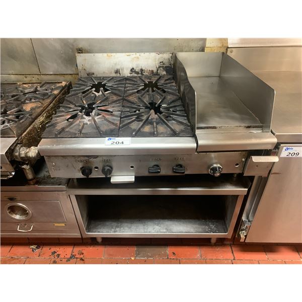 QUEST 4 BURNER COMMERCIAL NATURAL GAS RANGE WITH HOT PLATE APPROX. 3'W X 32"D X 20"H