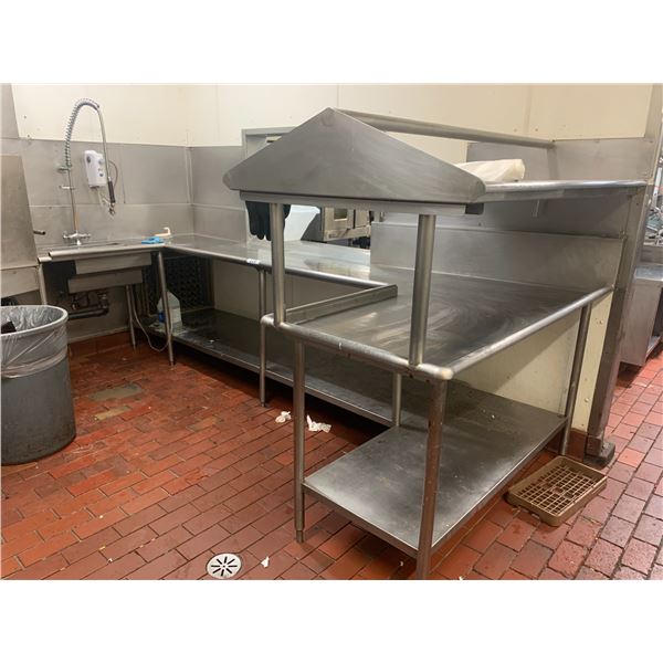 STAINLESS STEEL 2 TIER COMMERCIAL EQUIPMENT STAND WITH SINK/FAUCET APPROX. 11'W X 5'D X 5'H