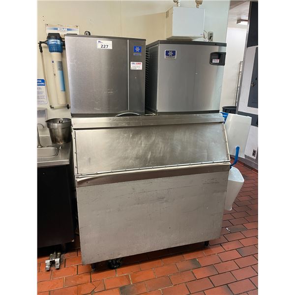 2 MANITOWOC STAINLESS STEEL COMMERCIAL ELECTRIC ICE MAKERS WITH LARGE COMMERCIAL ICE HOPPER &