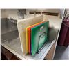 Image 1 : 8 ASSORTED SIZED COMMERCIAL CUTTING BOARDS ON METAL STORAGE RACK & 2 WALL HUNG MAGNETIC KNIFE BLOCKS