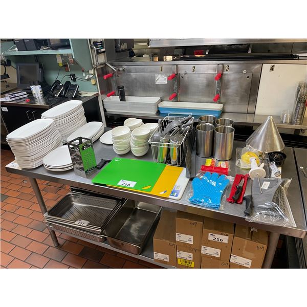 ASSORTED CUTTING BOARDS, WHITE COMMERCIAL DISHWARE, WINE BOTTLE CHILLERS, SCOOPS, & KITCHEN TOOLS