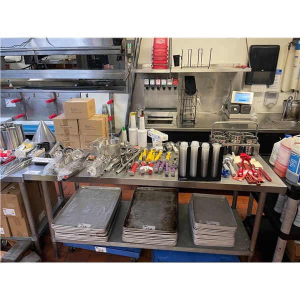 ASSORTED, SOUP LADLES, ICE CREAM SCOOPS, TONGS, BOTTLES, BOXES OF COMMERCIAL SUGAR PACKET HOLDERS,