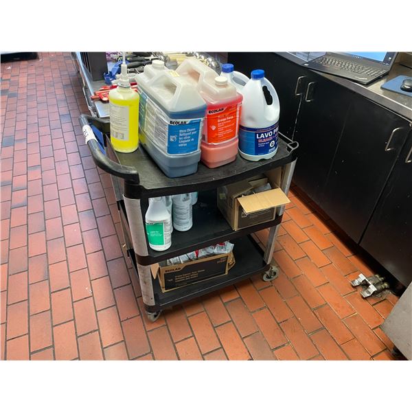 BLACK 3 TIER MOBILE KITCHEN CART WITH ASSORTED COMMERCIAL CLEANING PRODUCTS