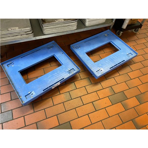 2 BLUE BUCKHORN MOBILE COMMERCIAL DISH TRAY CARTS