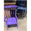 Image 2 : 3 DRAWER WORK DESK, 2 STACKS OF CHILDRENS METAL / PLASTIC CHAIRS, PURPLE ROCKING CHAIR, & WASTE CAN