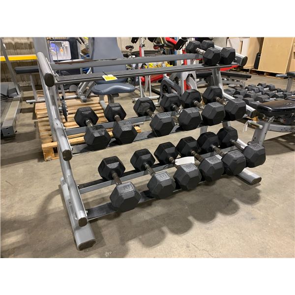 LIFE FITNESS GREY COMMERCIAL 3 TIER WEIGHT RACK WITH 14 SET OF RUBBER COATED COMMERCIAL DUMBBELLS