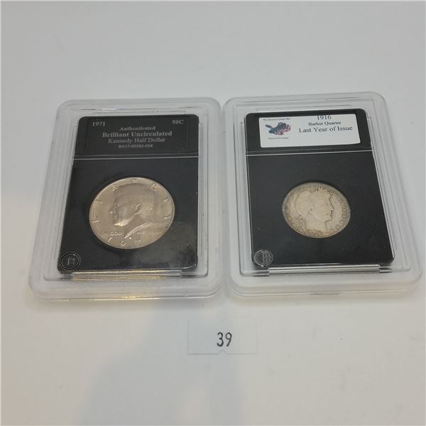 1916 Barber Quarter and Uncirculated Kennedy Half Dollar