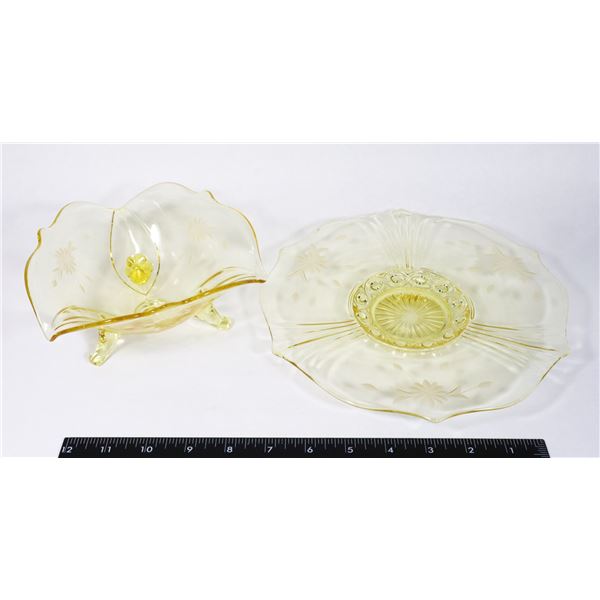 TWO PIECES OF YELLOW DEPRESSION GLASS