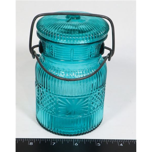 AVON VINTAGE TEAL GLASS CANISTER 5"