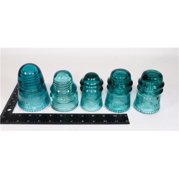 VINTAGE 5 TEAL BLUE GLASS INSULATORS