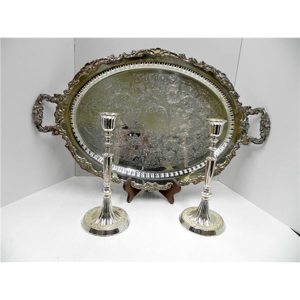 EXTRA LARGE SILVER SERVING TRAY WITH 2 SILVER CANDLESTICKS