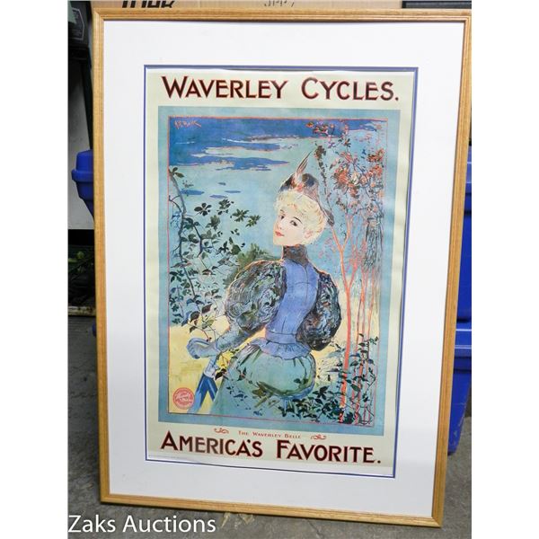 VERY LARGE FRAMED VINTAGE BICYCLE ADVERTISTING PRINT POSTER