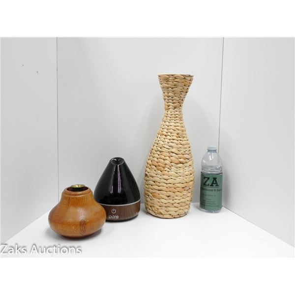 TALL WOVEN VASE, PURE OIL DIFFUSER AND WOODEN CANDLESTICK