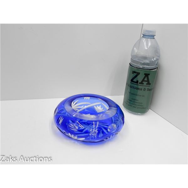 BLUE ETCHED GLASS ASHTRAY