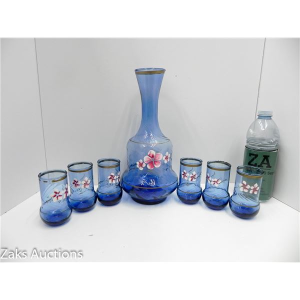 GORGEOUS HANDPAINTED BLUE GLASS MEXICAN WINE DECANTER WITH 6 MATCHING GLASSES