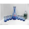 Image 1 : GORGEOUS HANDPAINTED BLUE GLASS MEXICAN WINE DECANTER WITH 6 MATCHING GLASSES