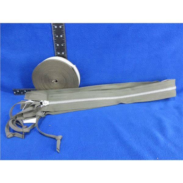 2 Military Zippers (36") & Roll of Army Green Nylon Webbing