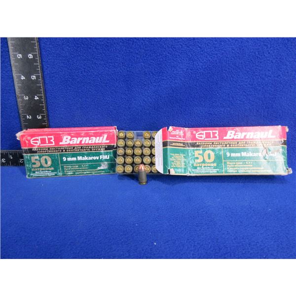 9MM Makarov 94gr FMJ Barnaul Cartridges - 2 Boxes of 50