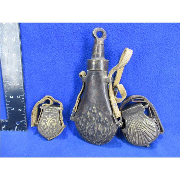 Brass Powder Flask and 2 Brass Buckshot Purses