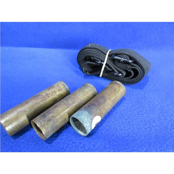 Collector Ammo - 3 Brass 12 Ga. Shotgun Shells & Sling