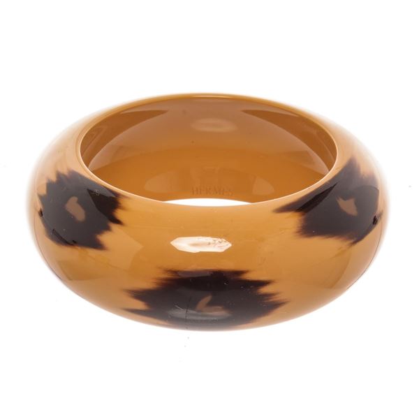 Hermes Resin Wide Bangle Bracelet Beige Wood
