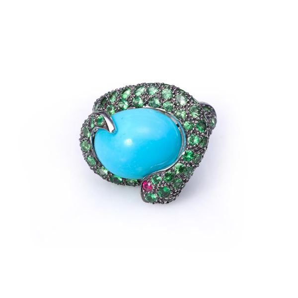 18K White Gold, Turquoise, Tsavorite Garnet & Ruby Snake Ring by Victor Loo