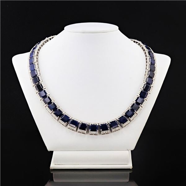 134.48 ctw Blue Sapphire and 14.82 ctw Diamond 14K White Gold Necklace