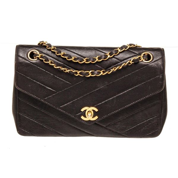 Chanel Single Flap Envelope Stitch Cheveron Shoulder Bag Black Leather