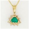 Image 6 : 14k Yellow Gold Trillion Green Emerald Solitaire & Diamond Halo Pendant Necklace