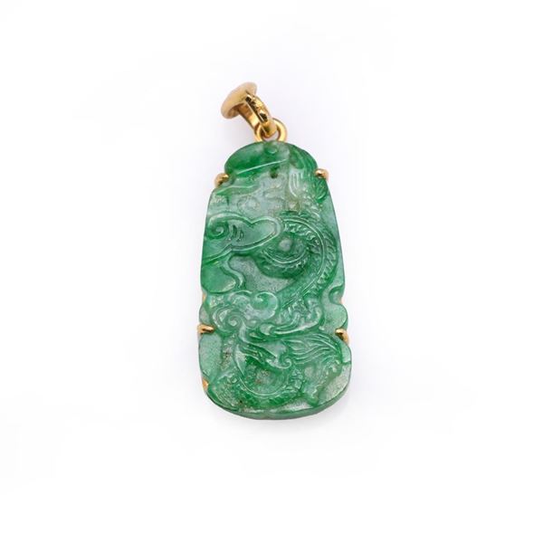 Antique Chinese Carved Jadeite Pendant Mounted in 18K Yellow Gold with Ruby