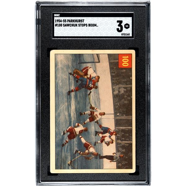 1954-55 Parkhurst #100 Sawchuk Stops Boom Boom (SGC 3)