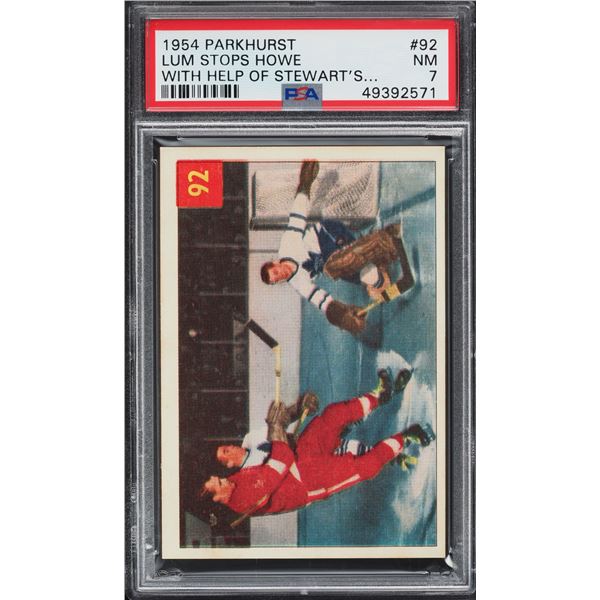 1954-55 Parkhurst #92 Lum Stops Howe (PSA 7)
