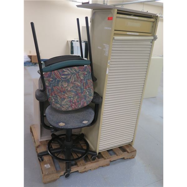 Contents of Pallet: Multi-Section Cabinet, Rolling & Office Chairs, Plastic Storage Bin, etc