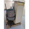 Image 1 : Contents of Pallet: Multi-Section Cabinet, Rolling & Office Chairs, Plastic Storage Bin, etc