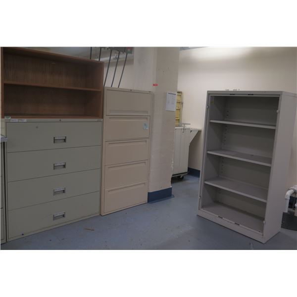 Qty 2 Lateral Filing Cabinets & 2 Shelving Units, Misc Sizes