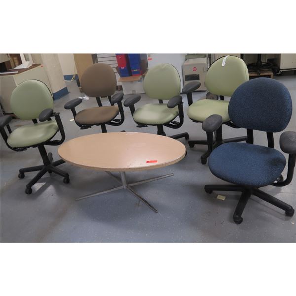 Round Table & 5 Rolling Office Armchairs w/ Upholstered Backs & Seats, Misc Styles & Sizes