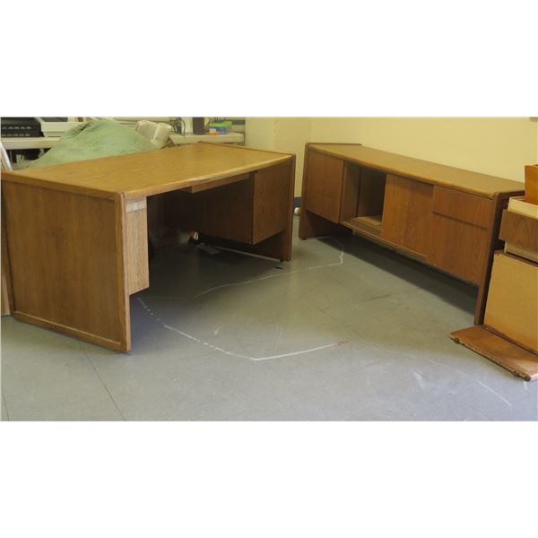 Wooden Desk 63"x29"x29"H w/ Side Cabinet 72"L & 2-Drawer File, etc