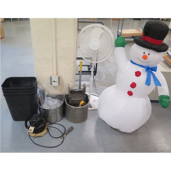 Misc Cleaning Equipment: Waste Cans, Mop Bucket, Fan, etc w/ Inflatable Snowman