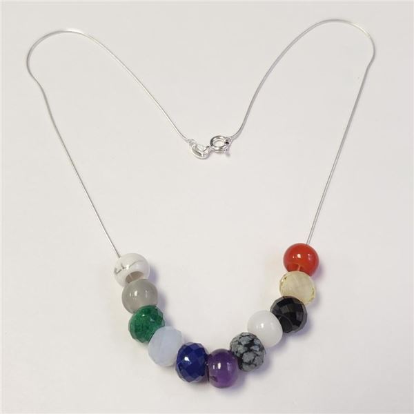 Silver Genuine Gemstone Free Floating Beads (Amethyst ,Spinal,Lapis,Quartz,Moonstone Etc 16" Necklac