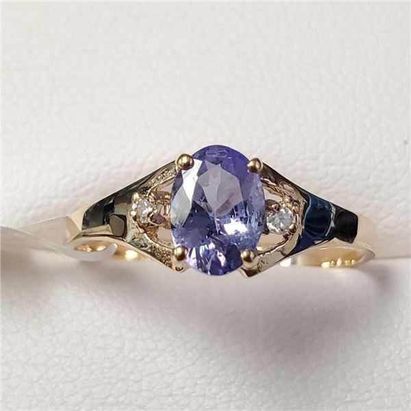10K Yellow Gold Tanzanite(0.9ct) Diamond(0.02ct) Ring (~Size 7.5)(~weight 1.6g), Made in Canada, App