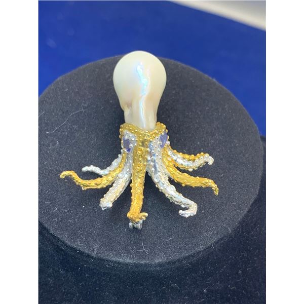 Natural Pearl & Black Opal sculpted Octopuss 22.85 Carat Ring set in .925 Silver with APPRAISAL VALU