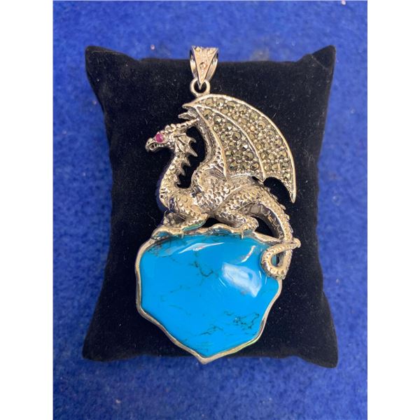 Natural Turquoise .925 Silver Dragon Pendant with APPRAISAL VALUE $810.00