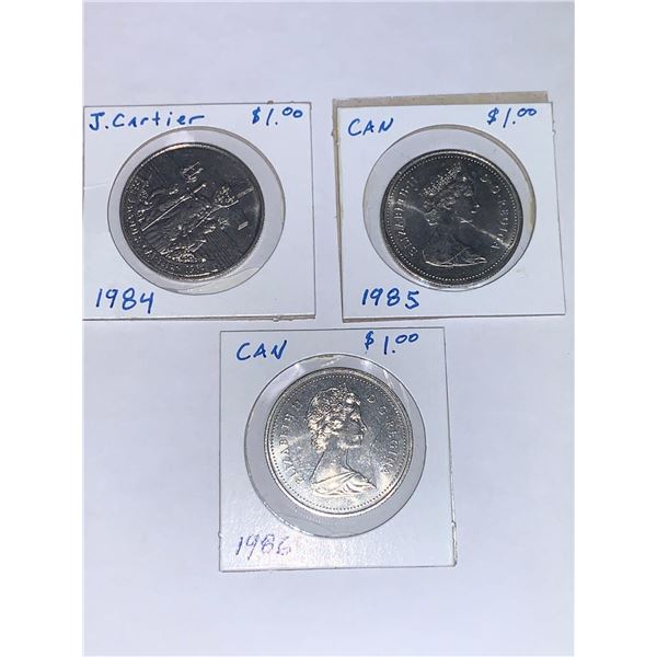 Canada $1.00 Dollar Coins in sequence 1984, 1986 & 1986 - LOT  of 3 featyring J. cartier Dollar