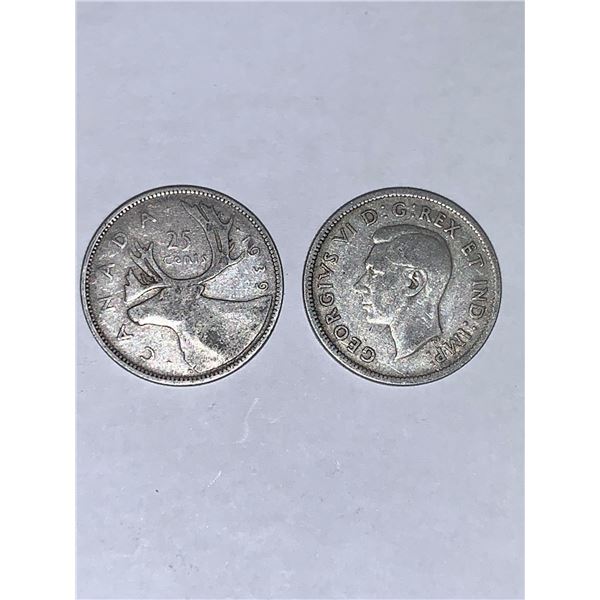 Canada Vintage 1939 King George IV SILVER quarters - LOT OF 2