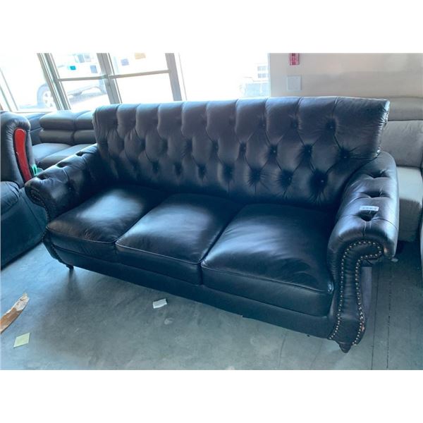Black Leather 3 seat studded back sofa